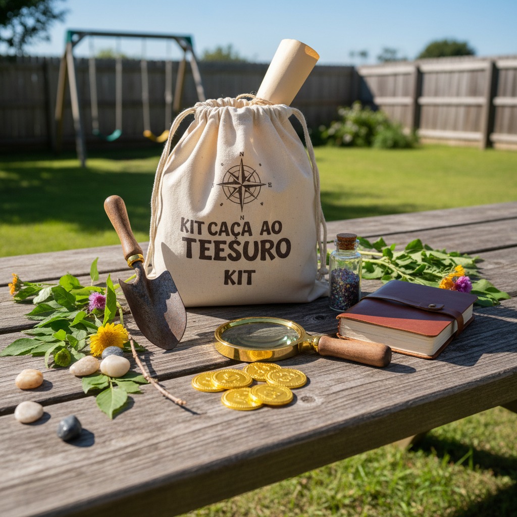 Uma sacola de pano com a inscrição "Kit Caça ao Tesouro" está sobre uma mesa de madeira ao ar livre, acompanhada por uma pá, uma lupa, moedas de ouro, um pequeno caderno e um frasco com pedras coloridas.