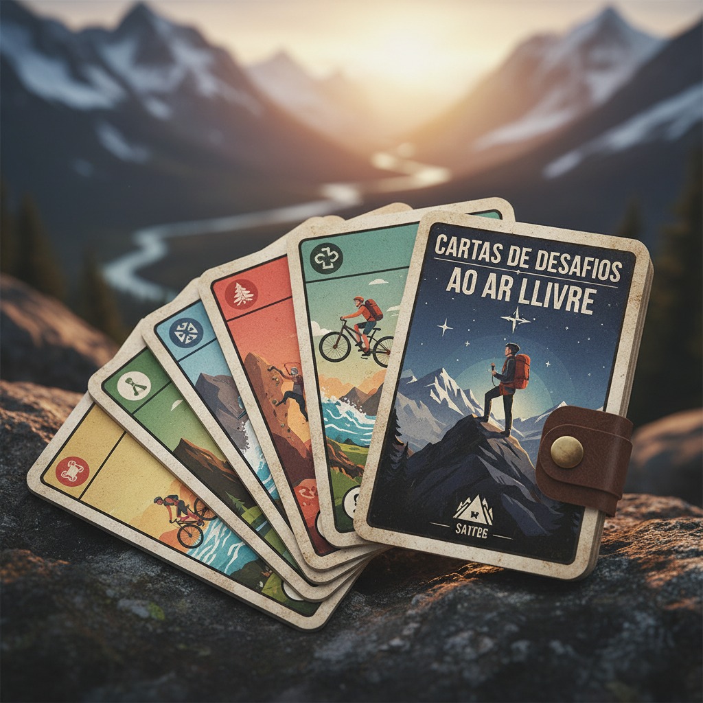 Um baralho de cartas com ilustrações de atividades ao ar livre repousa sobre uma rocha com montanhas ao fundo.